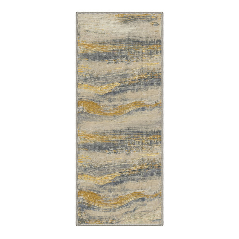 Abstract Waves Machine Washable Gilded Slate Indoor Area Rug With Non-Slip Backing, Runner 2' x 6', Gold/Blue/Beige