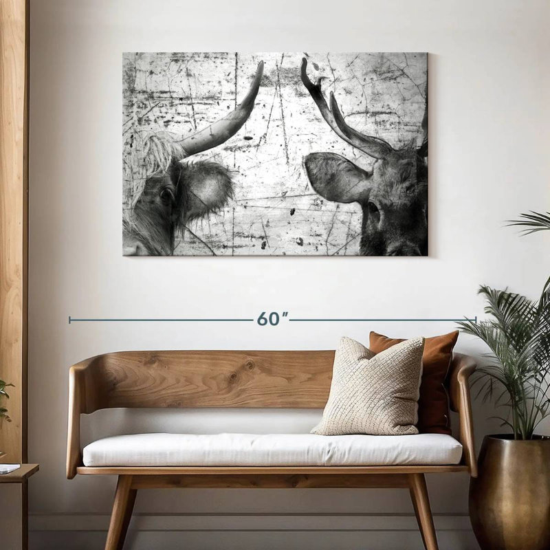 Brampt Cow And Deer Black And White, 30" H x 45" W