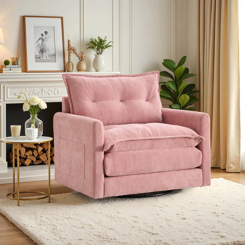 36" Chenille Upholstered Single Swivel Chair, Pink