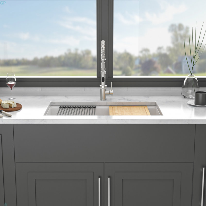 Quartz Kitchen Sink - 32X19" White Granite Composite Workstation Undermount Kitchen Sink