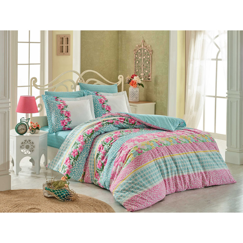 Ensemble de housse de couette 100% coton turquoise / blanc / rose Carnie
