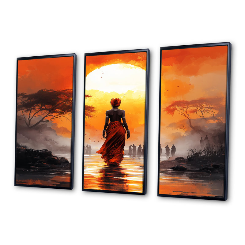 Orange Orange Journey III - ensemble d'art mural paysage africain, H 28 po x l 36 po x P 1 po, Toile avec cadre flottant noir