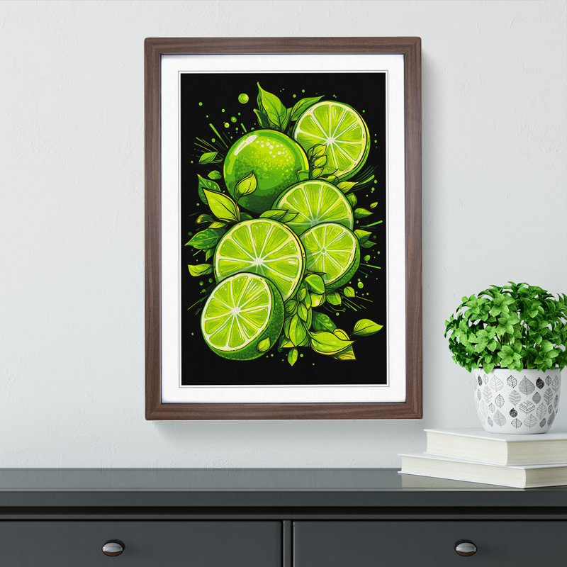 Lime Fruit Line - Single Picture Frame Print on Wood, Walnut Framed, 34cm H x 25cm W x 2cm D