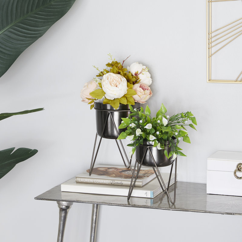 Ensemble de 2 pots d'intérieur et d'extérieur en métal avec support amovible, Argent