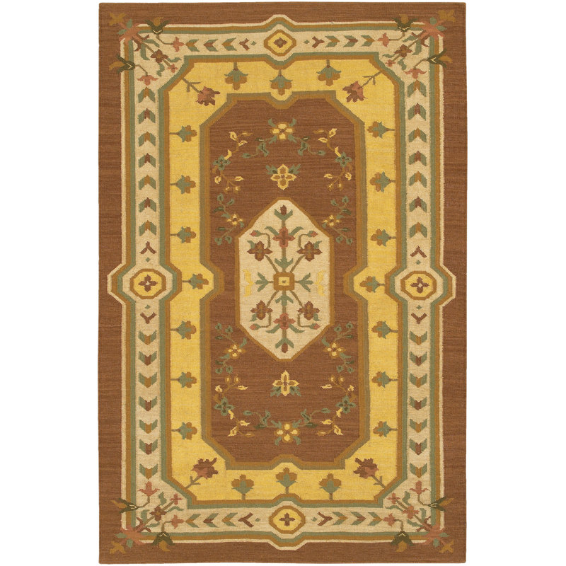 Marshayla Authentic Hand-Woven Handmade Brown, Gold, Beige & Green Traditional Medallion Kilim Wool Area Rug, 3'6" x 5'6"
