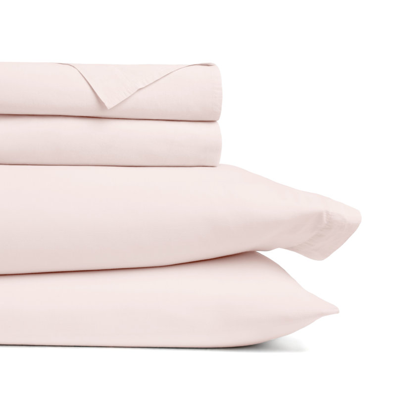Ensemble de draps 100% coton percale brossé et délavé 4 pièces, Ensemble de draps pour lit simple avec 1 taie d'or, Rose