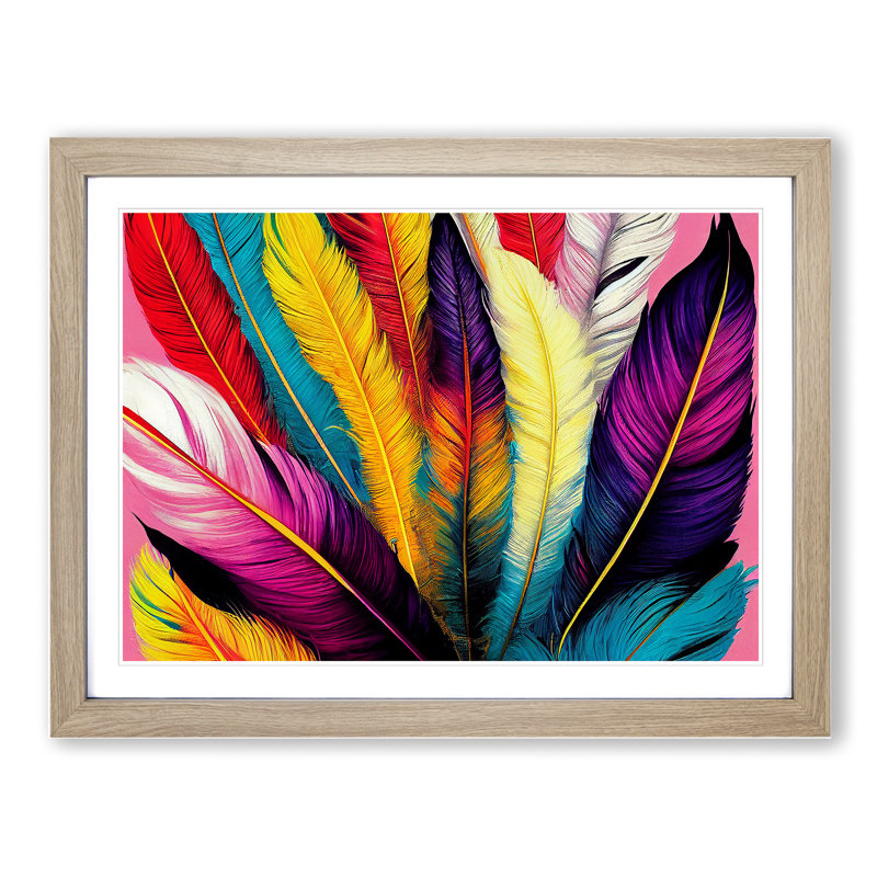 Colourful Bird Feathers Vol.5 - Framed Print, 25cm H x 34cm W x 2cm D, Oak