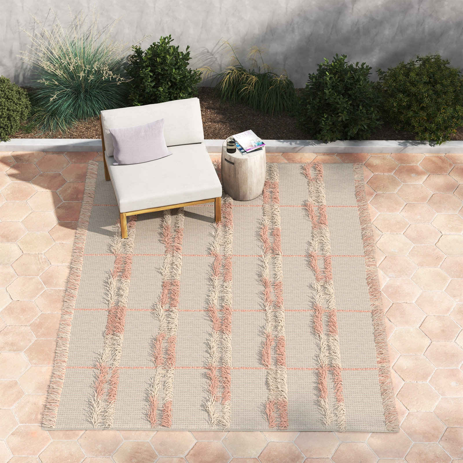 Charlie Pink Hand-Woven Striped Wool Rug, Rectangle 5' x 8'
