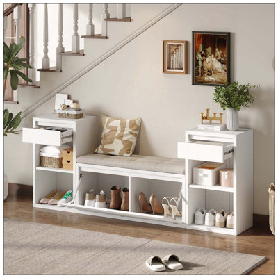 Banc de rangement tout-en-un avec coussin, compartiments, tiroirs et tablettes ouvertes, banc de rangement