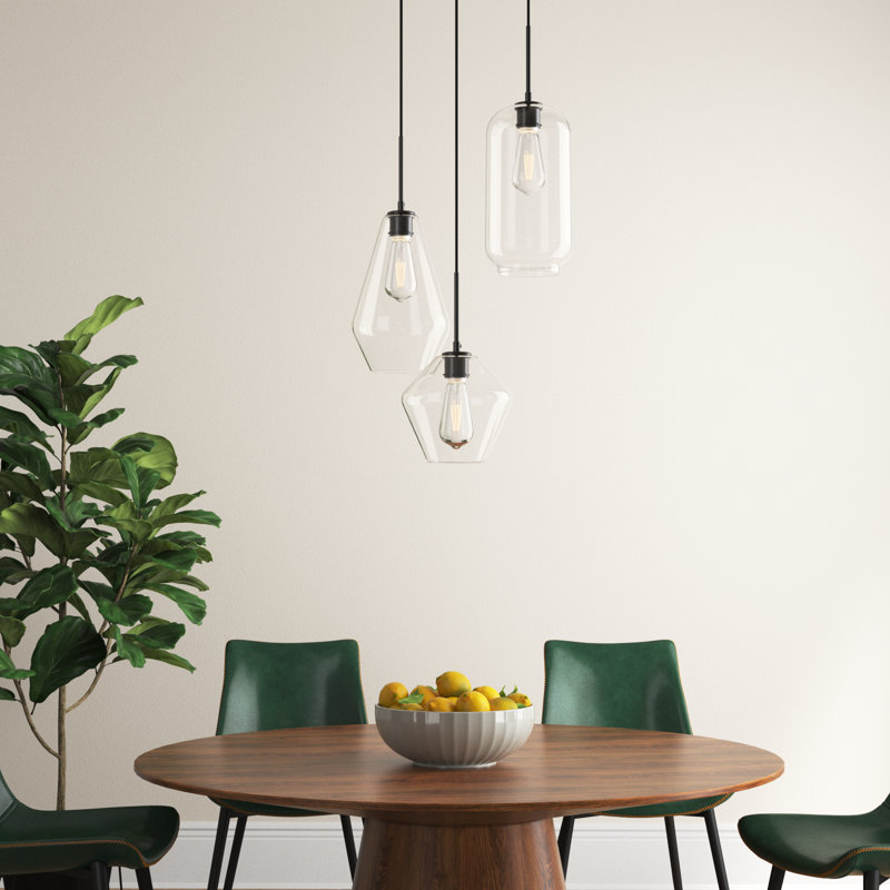 Vandyke 3-Light Cluster Geometric and Cylinder Pendant , Clear, Black