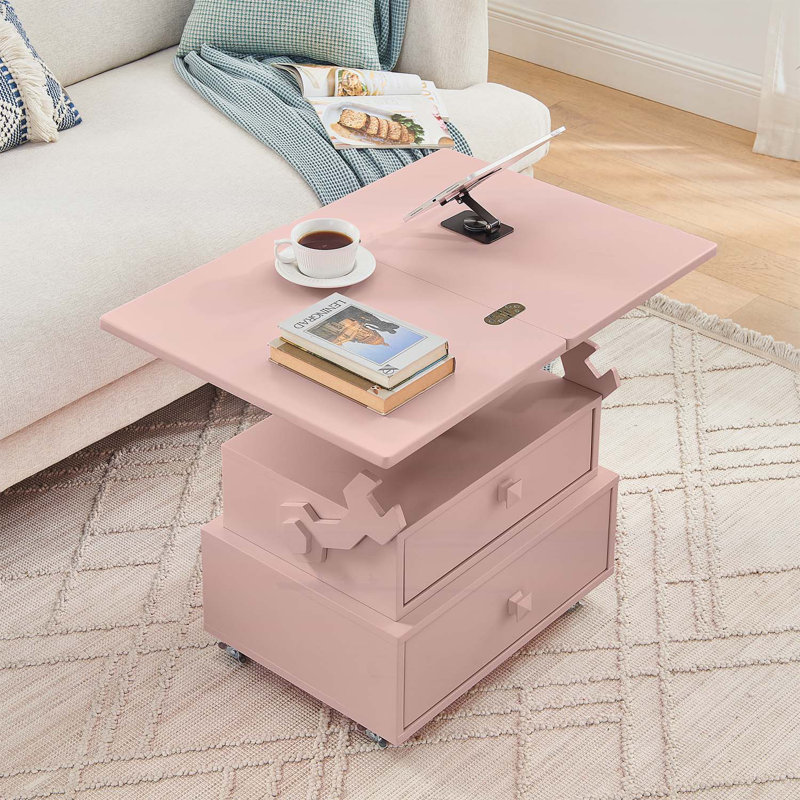 Table basse roulante à hauteur réglable avec station de charge et rangement, Rose