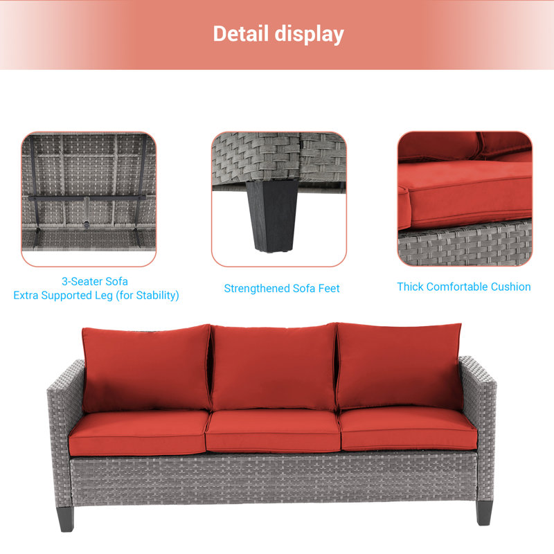 Jonson Wicker 5 - Person Patio Conversation Set with Cushions, Gray, Brick Red