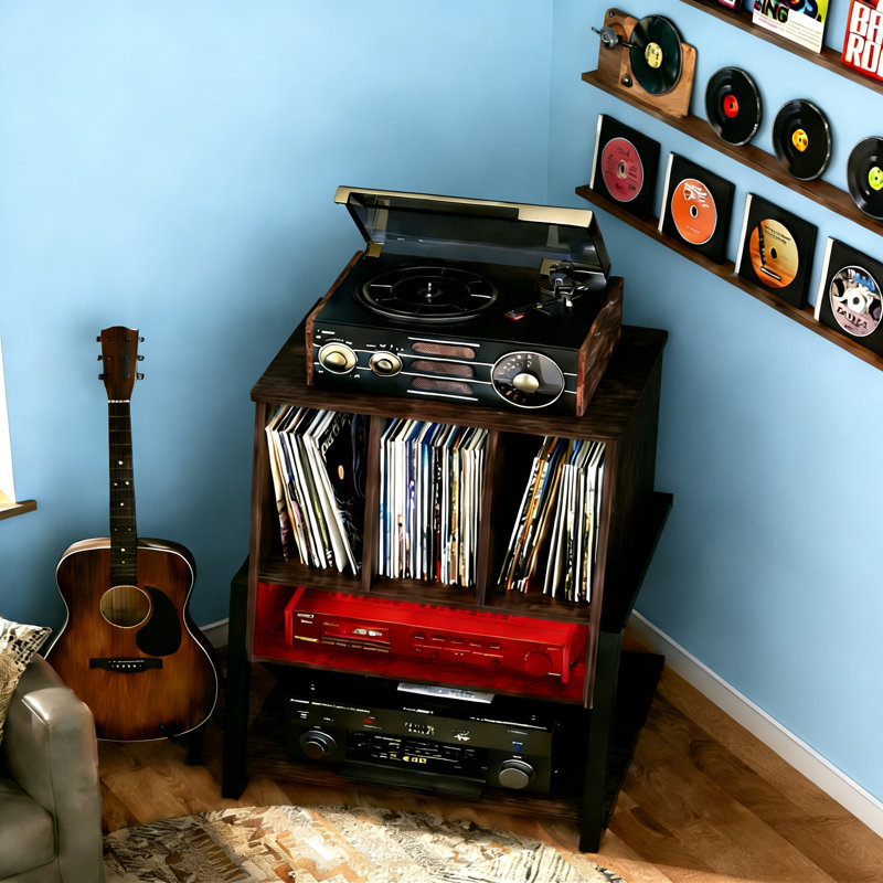 Record Player Stand With Vinyl Storage For 200 Albums, Charging Station & LED Light, Espresso, Espresso