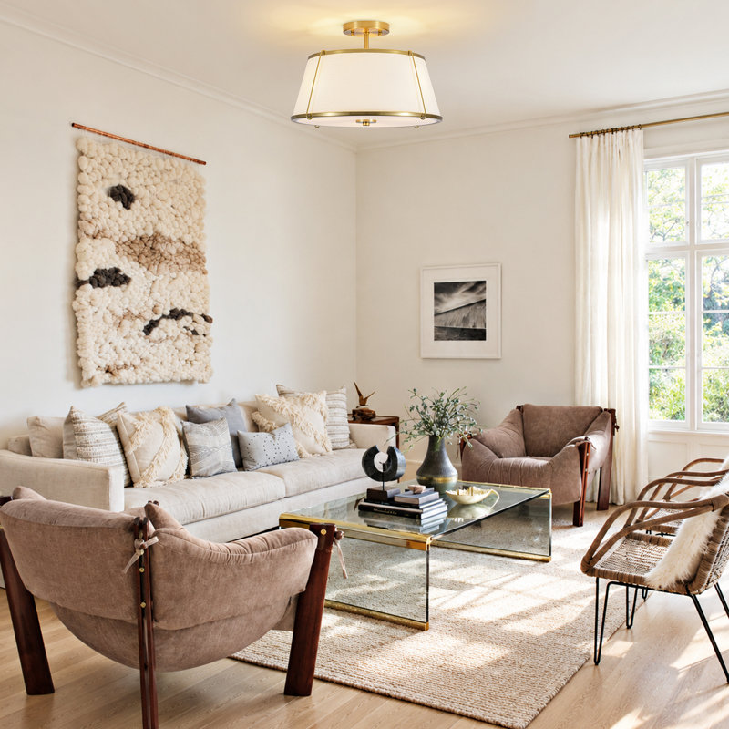 Modern 3-Light Semi-Flush Mount Ceiling Light with White Linen Drum Shade
