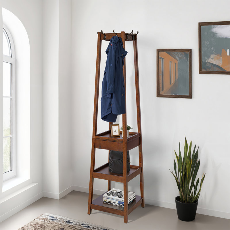 Eberhardt 8 - Hook 70.2" H Wooden Coat Rack Stand, 3 Storage Shelves and Drawer, Heavy Duty Hall Tree, Coffee