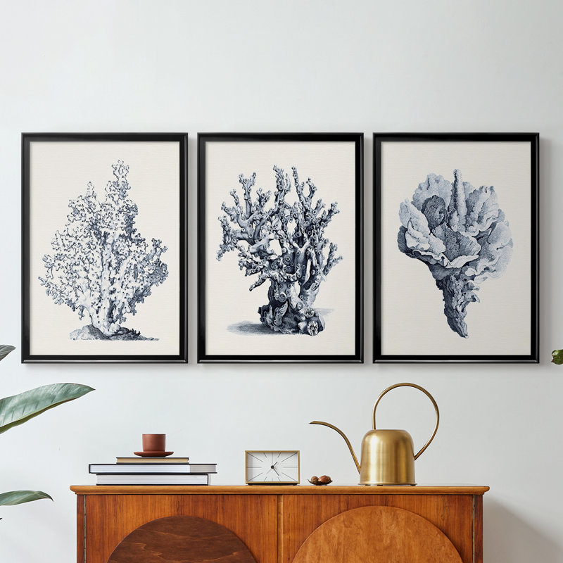 Bleu antique corail I - Toile tendue avec châssis sur mesure - 3 pièces, H 15 po x l 19 po, Noir
