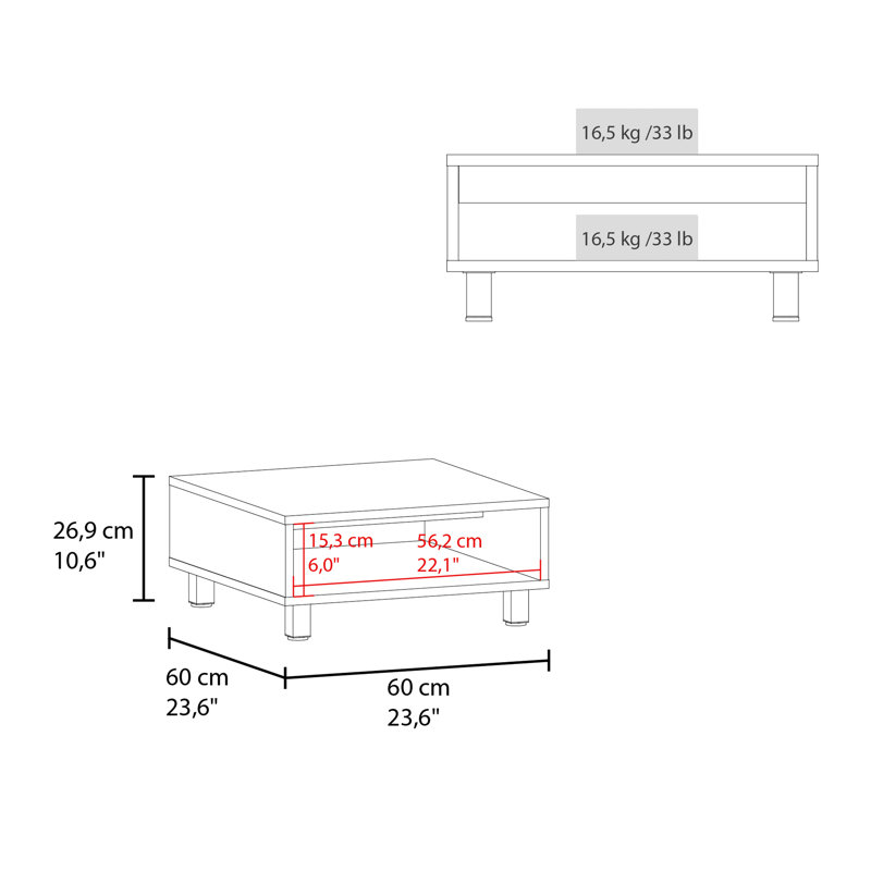 Table basse carrée élégante avec tablette ouverte pour plateau de rangement principal, noir, Noir