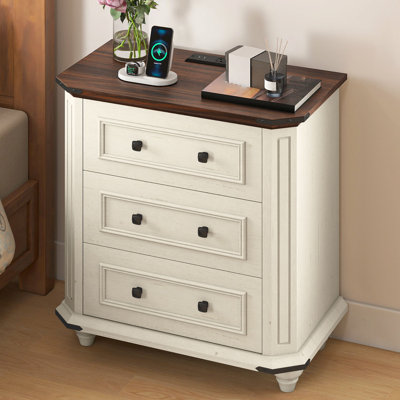 3-Drawer Nightstand With Built-In Outlets And Solid Wood Legs