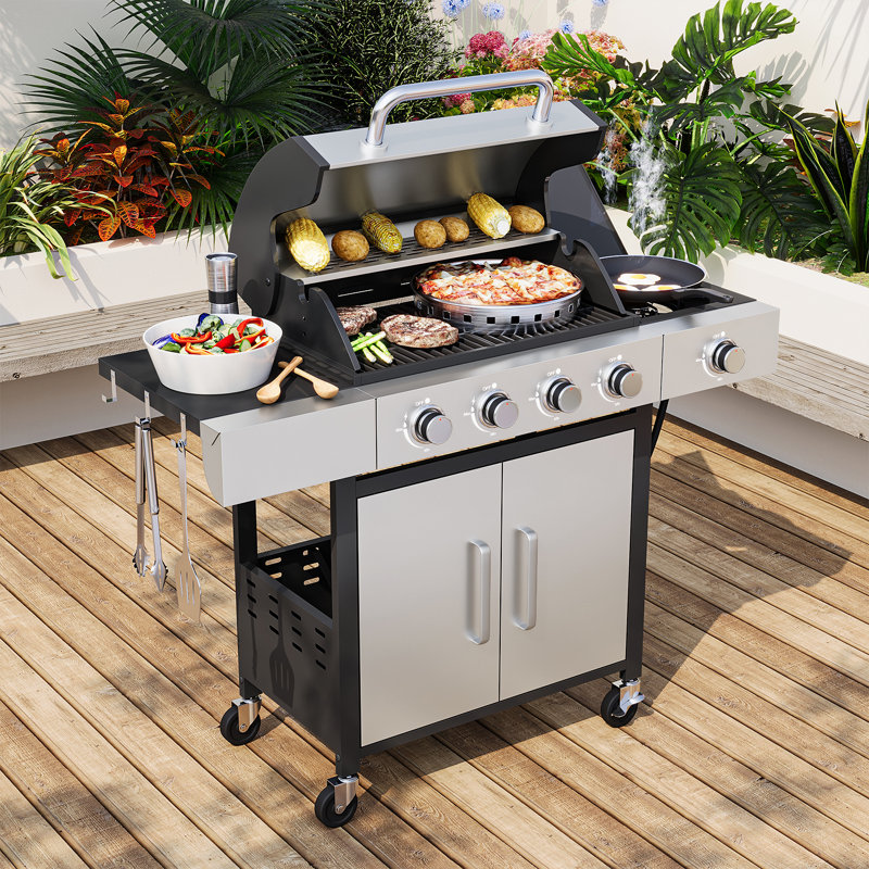 Barbecue au propane en acier inoxydable à 4 brûleurs avec brûleur latéral, barbecue extérieur de 82 000 BTU