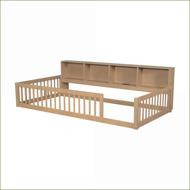 Lit plateforme simple en bois de pin de taille XL avec armoires de rangement Ports USB, brun - aucun sommier nécessaire, Brun