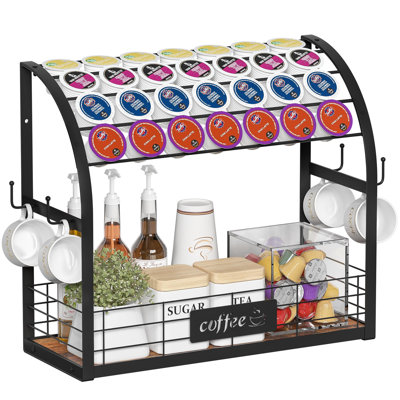Metal K Cup Holder, 2 Tier Coffee Bar Organizer With 4 Coffee Mug Hooks, Multi-Functional Coffee Station Organizer For Countertop, Black