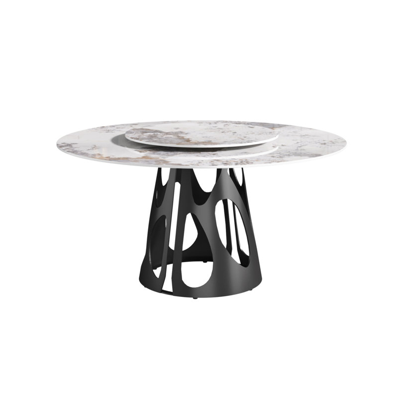 Table de salle à manger 59,05 po ronde en marbre avec base en fer noir, marbre artificiel pour 6 à 8 personnes, table tournante en pierre artificielle blanche 31,5 po
