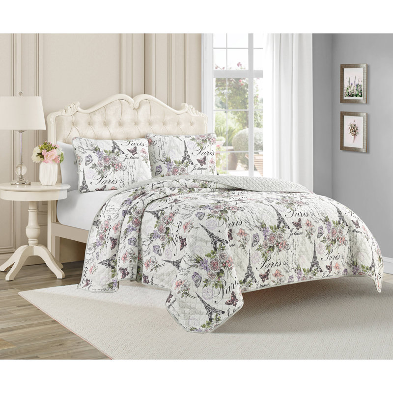 Gray and White Paris Floral Reversible Cotton Twin Quilt Set