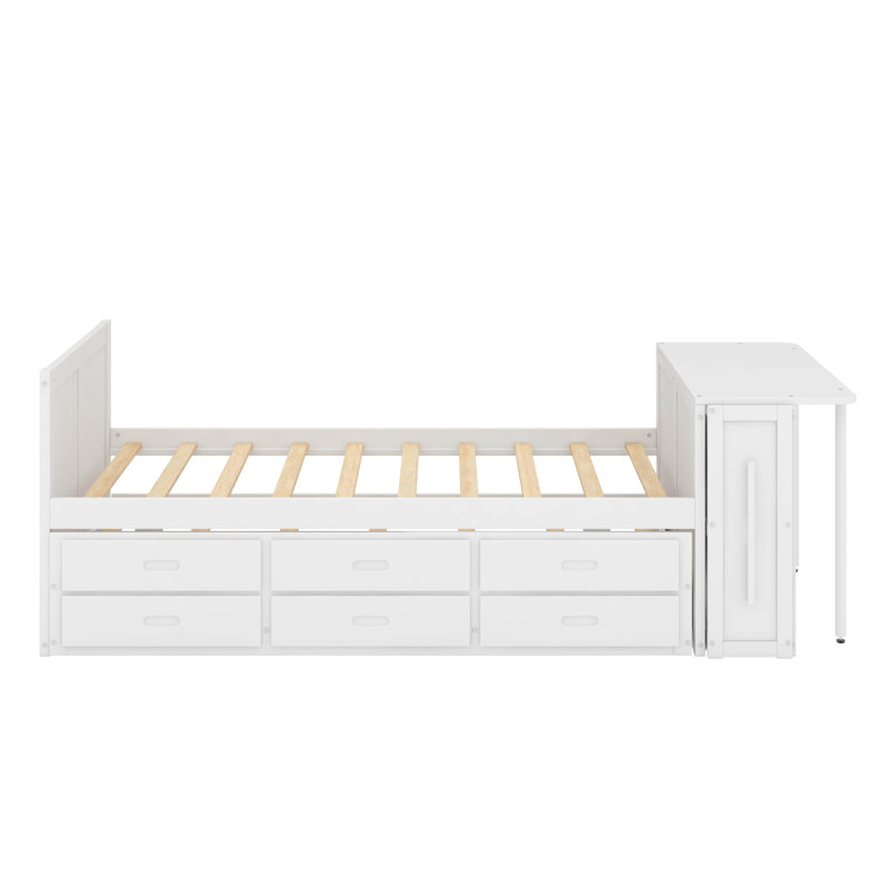 Twin Multifunctional Wood Platform Bed With Desk And Storage Shelf, White