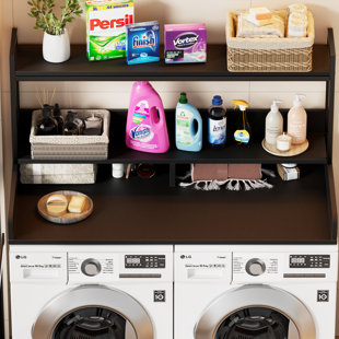 Washer Dryer Countertop With 3-tier Shelf & Safety Edge,27.5" D X 54" W Wood Laundry Countertop,laundry Topper For Washer And Dryer,laundry Room Organization And Storage,black