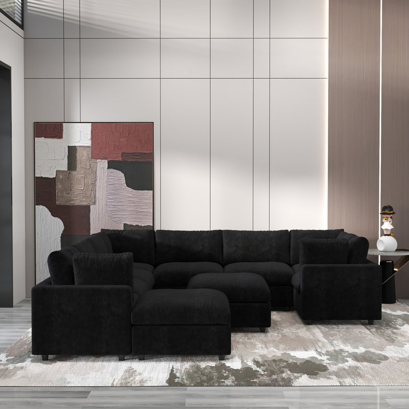 Kessi 10-Piece Upholstered Modern Chenille Fabric Modular Sectional Sofa With Ottoman, Black Chenille