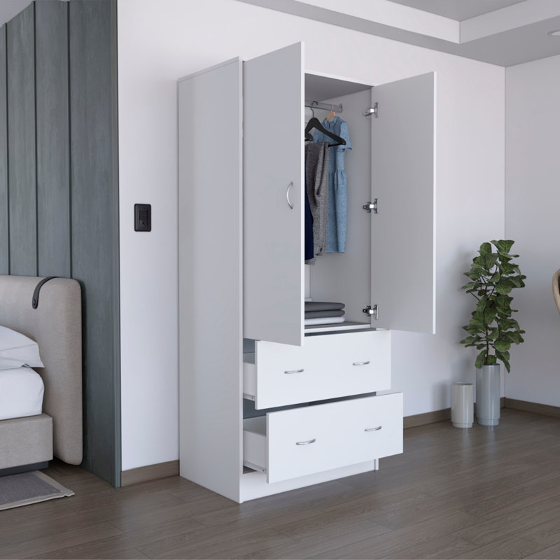 Armoire avec portes doubles, 2 tiroirs et tringle, Blanc