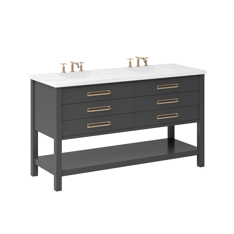 Meuble-lavabo double tiroir Kiawah, Noir cassé, Or satiné, 60"