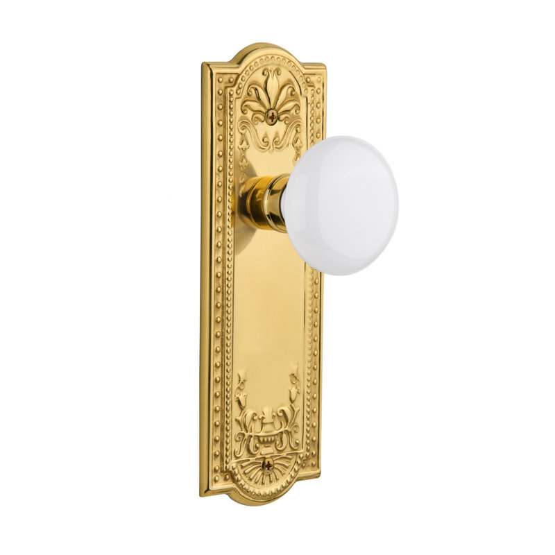 Meadows Plate with White Porcelain Door Knob, Unlacquered Brass, 2-3/4”