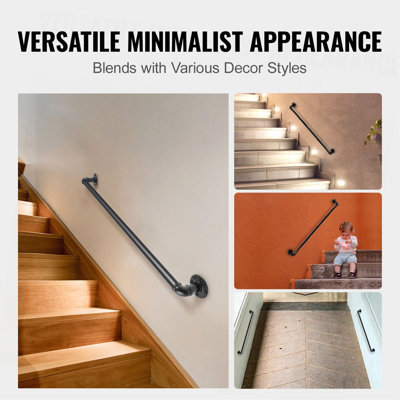 Pipe Stair Handrail, 3FT Staircase Handrail, 440LBS Load Capacity Carbon Steel Pipe Handrail, Industrial Pipe Handrail with Wall Mount Support, Round Corner Wall Handrailings for Indoor, Outdoor