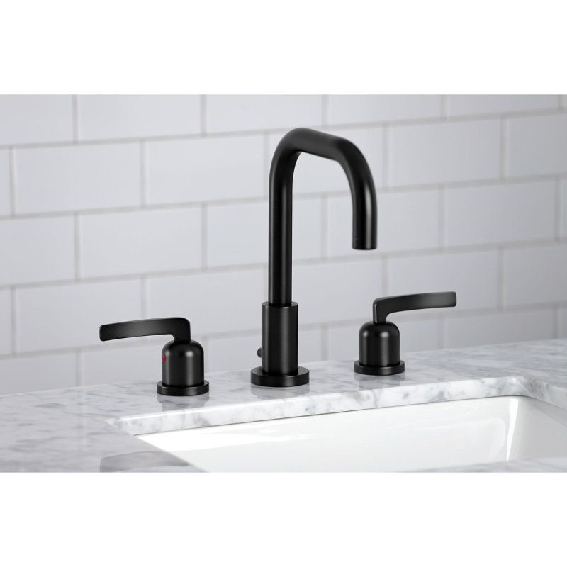 Kingston Brass Two-Handle 3-Hole Deck Mount Widespread Bathroom Faucet with Brass Pop-Up Drain, Matte Black