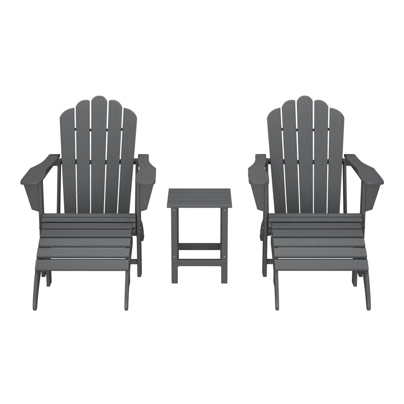 Outdoor Poly Adirondack Chair With Side Table And Ottoman 5-Piece Set, Gray