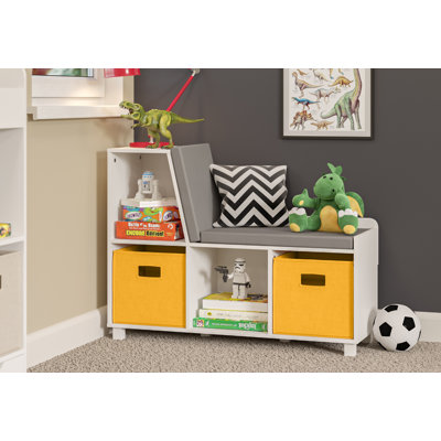 RiverRidge Kids Reading Book Nook Cushioned Toy Storage Bench with Cubby Organizers and 2 Fabric Bins- White
