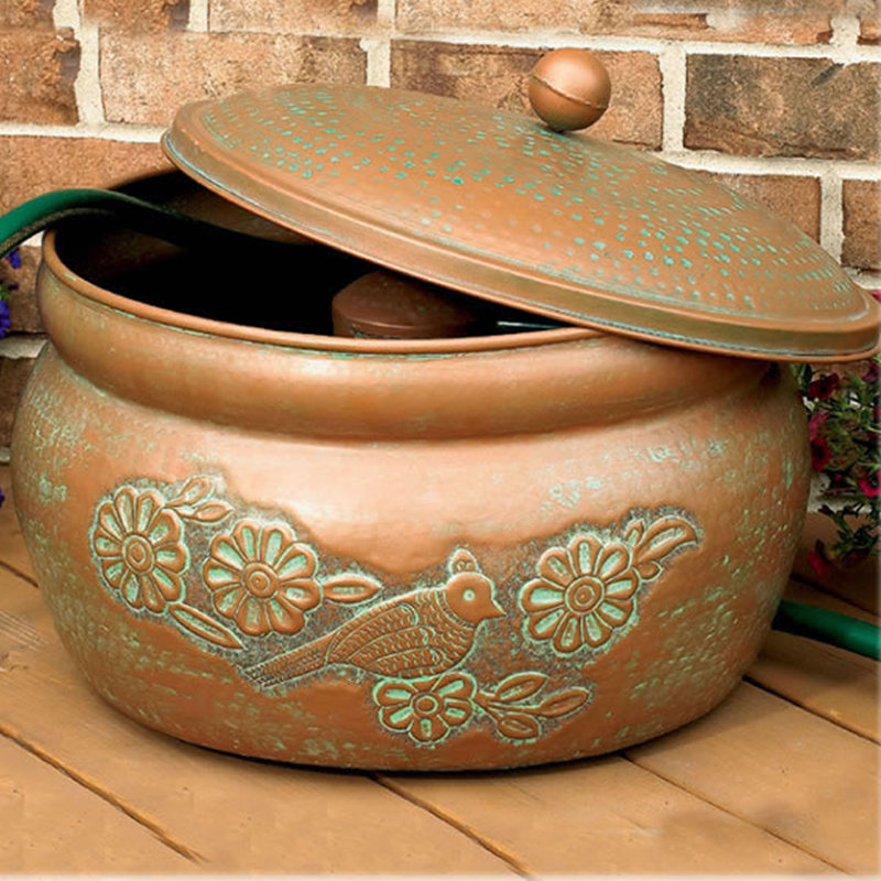 Copper and Green Patina Embossed Bird Hose Holder with Lid