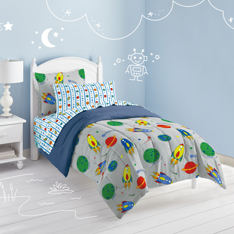 Gray Twin Microfiber Space Rocket Bed in a Bag Set