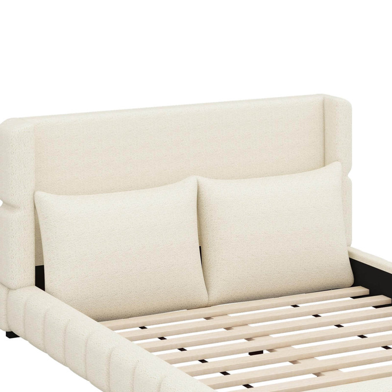 Velvet Upholstered Platform Bed With 2 Pillows And Wingback Headboard, Queen, White