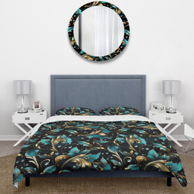 Ensemble de housse de couette Gold And Green Luxury Damask Pattern III