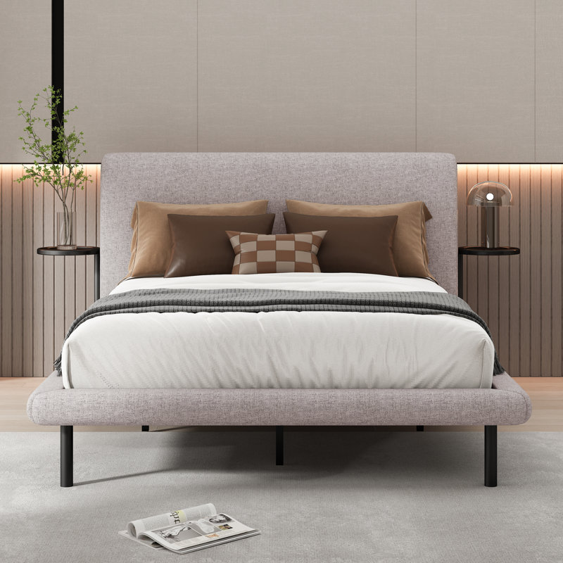 Arcola Upholstered Platform Bed with Side Table, Full/Double, Oatmeal