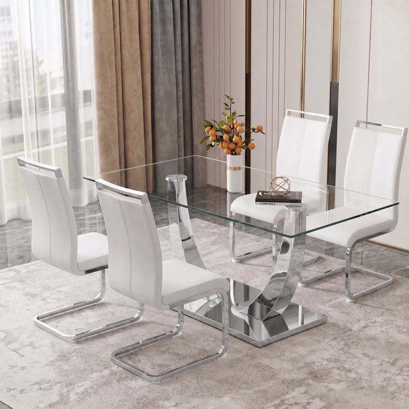 Ensemble de salle à manger 5 pièces rectangulaire moderne en verre trempé avec base en métal et chaises en porte-à-faux en similicuir