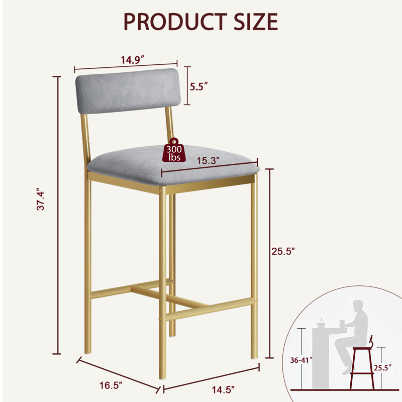 Chair of 2,Upholstered Counter Height Bar Stools with Backrest and Footrest, Kitchen Barstools for Island, Counter Bar