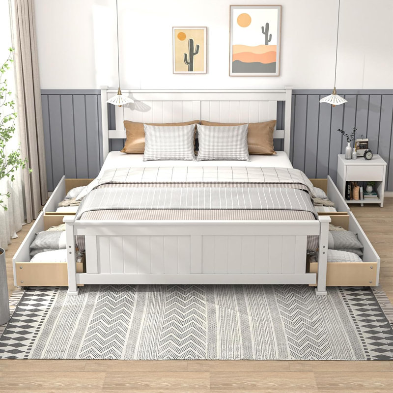 Wood Queen Size Bed Frame With 4 Storage Drawers, Solid Wood Platform Bed With Headboard, Queen