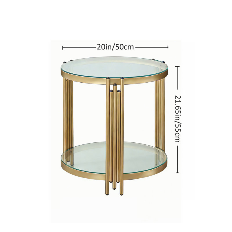 Harp-Style Legs Round Glass Side Table, 19.7" 2-Tier End Table, Tempered Glass End Table, Gold