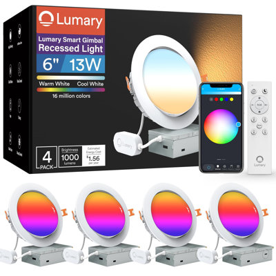 Luminaire encastré à cardan réglable de 6 po avec télécommande Lumary, lumière RVBWW, Wi-Fi et Bluetooth, lumières DEL Can Canless avec J-Box, fonctionne avec Alexa et l'assistant Google