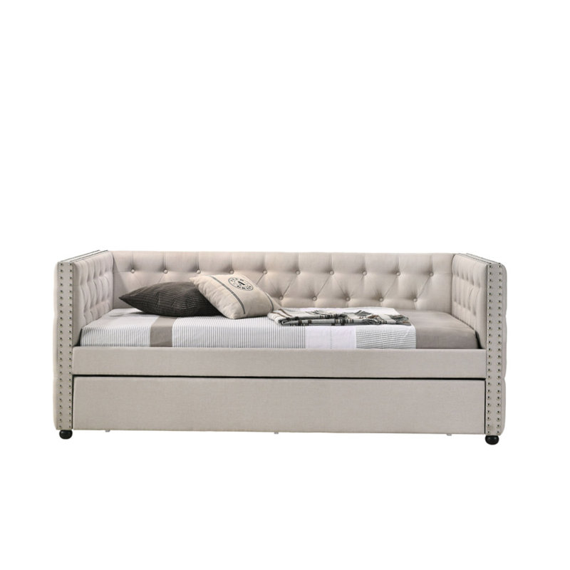 Lit de jour en tissu avec lit gigogne pour toute chambre d'amis, Beige, Complète