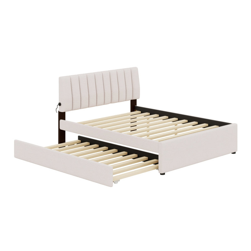 Lit plateforme tapissier avec lit gigogne, Beige