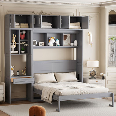 Lit escamotable mural avec bureau, armoire supérieure et tablettes de rangement, lit pliable peu encombrant